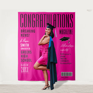 Trendy Hot Pink Graduation Magazine News Welcome Tapestry