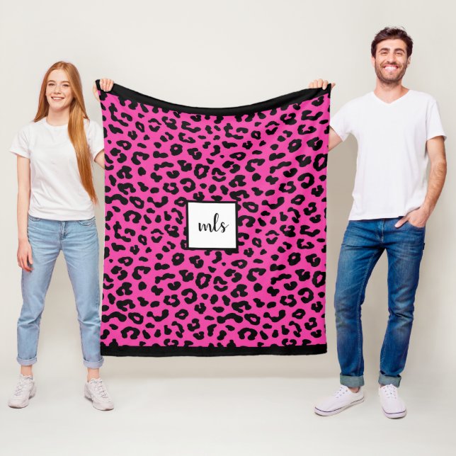 Trendy Hot Pink Leopard Animal Print Monogram Fleece Blanket (In Situ)