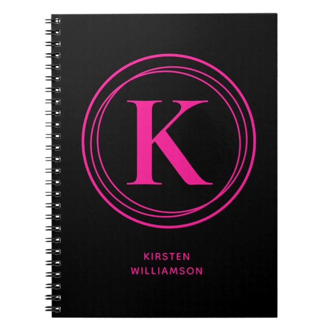 Trendy Hot Pink Monogram Name Black Notebook (Front)