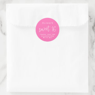 Trendy Hot Pink Script Sweet 16 Birthday Thank You Classic Round Sticker