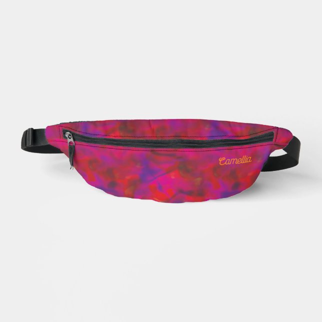 Trendy Hot Pink Violet Tie Dye Pattern Name Custom Fanny Pack (Front)