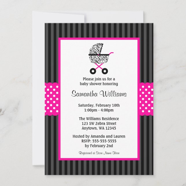 Trendy Hot Pink Zebra Carriage Baby Shower Invitation (Front)