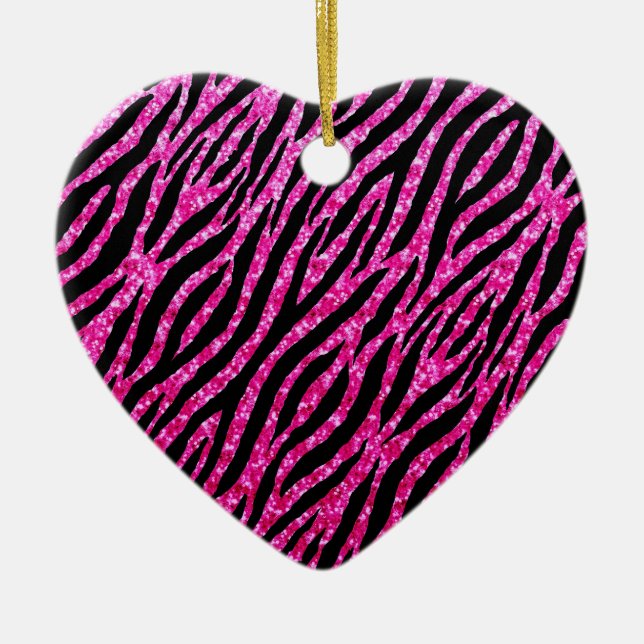 Trendy Hot Pink Zebra Print Glitz Glitter Sparkles Ceramic Ornament (Front)