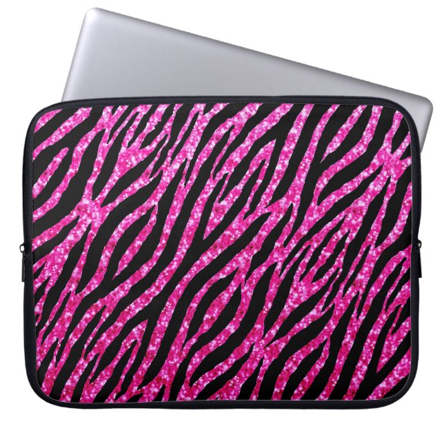 Trendy Hot Pink Zebra Print Glitz Glitter Sparkles Laptop Sleeve (Front)