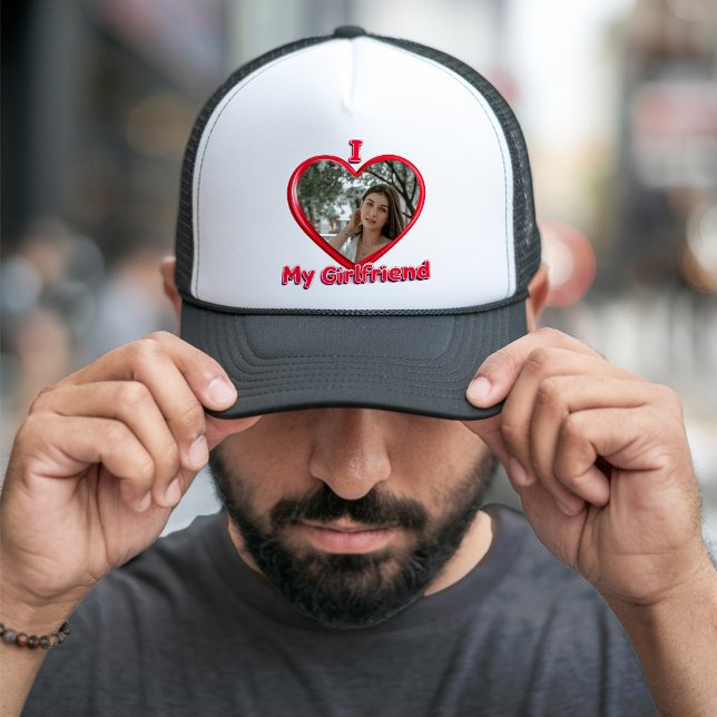 Trendy I Love My Girlfriend Red Heart Custom Photo Trucker Hat (Creator Uploaded)