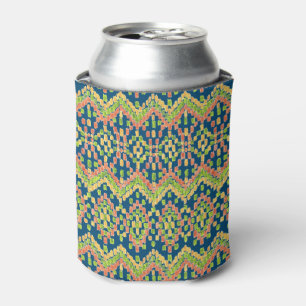 Trendy Ikat Colorful Ethnic Pattern on Blue Can Cooler