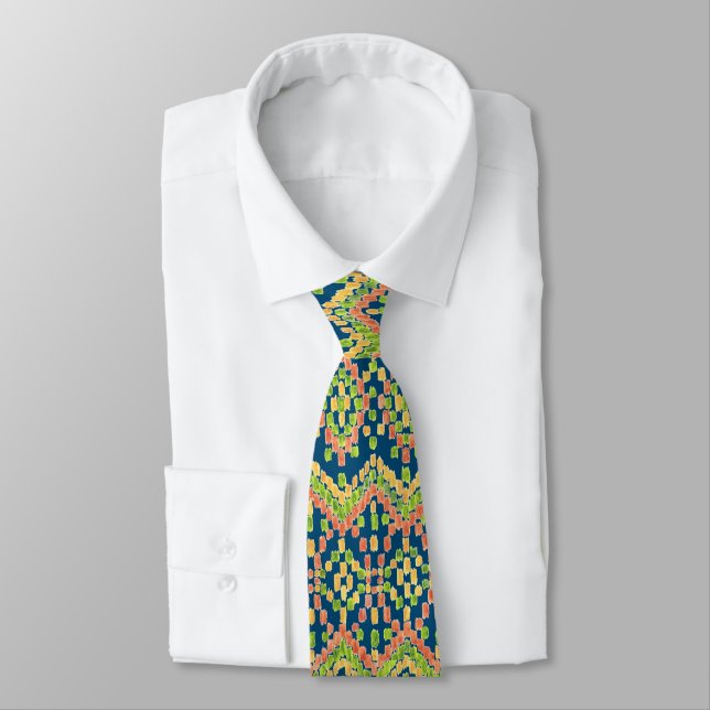 Trendy Ikat Colourful Ethnic Pattern on Blue Tie (Tied)
