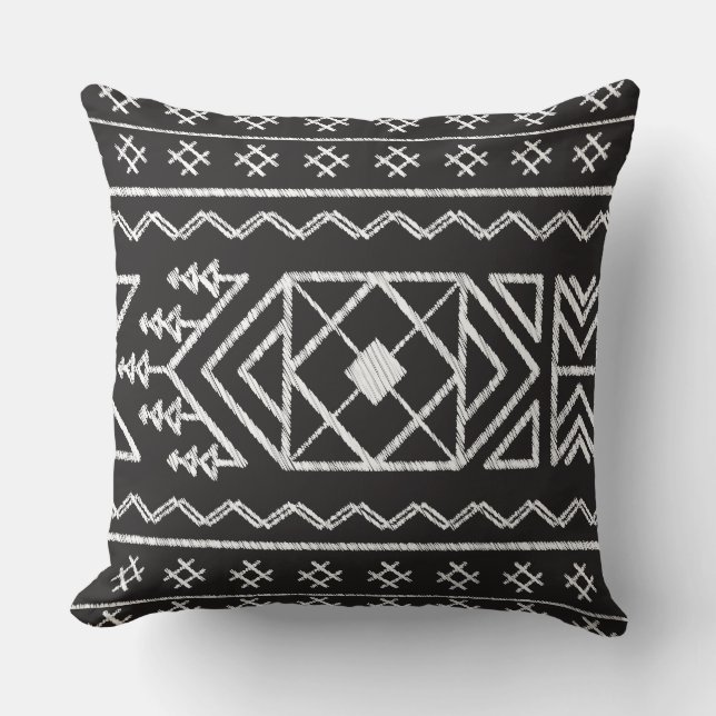 Trendy Ikat pattern Black Geometric Tribal  Throw Pillow (Front)