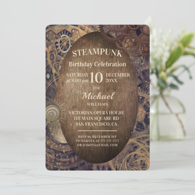 Trendy Industrial Steampunk Party Invitation (Standing Front)