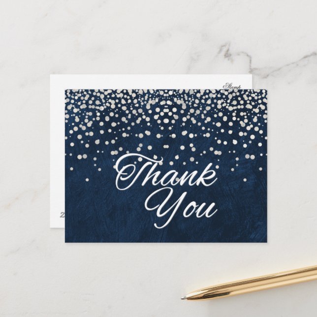 Trendy Inexpensive White  Glitter Black Thank You Postcard (Front/Back In Situ)