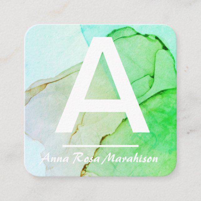 ~* Trendy INITIAL Abstract QR LOGO PHOTO Aqua  Square Business Card (Front)