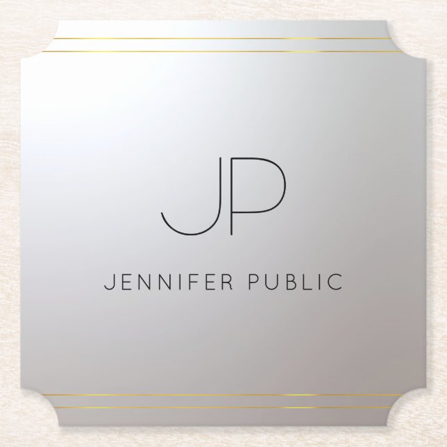 Trendy Initial Monogram Gold Silver Template Paper Coaster (Front)