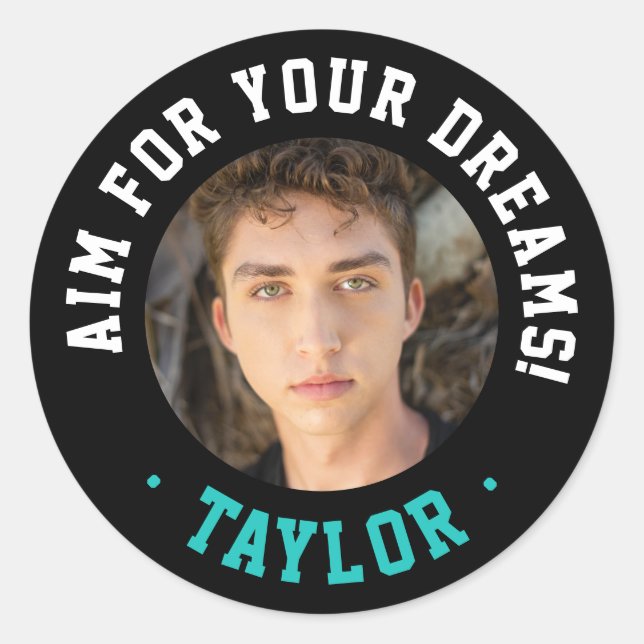 Trendy Inspirational Black White Name And Photo  Classic Round Sticker (Front)