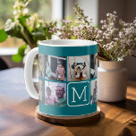 Trendy Instagram Photo Collage Custom Monogram Coffee Mug<br><div class="desc">Teal Blue and White - Use 11 square photos to create a unique and personal gift. Or you can keep the hipster puppy and make a trendy keepsake. If you need to adjust the pictures,  click on the customize tool to make changes.</div>