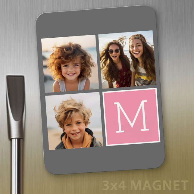 Trendy Instagram Photo Collage Custom Monogram Magnet (Personalized refrigerator magnet with photo collage and custom text - add 4 photos to this design)