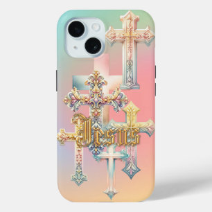 Trendy Jesus Pastel Rainbow Ornate Crosses iPhone 15 Case