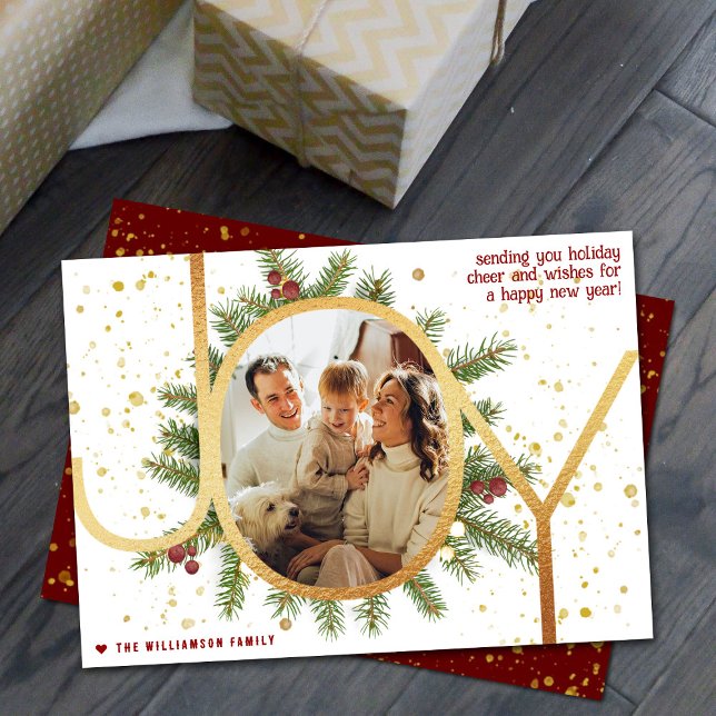 Trendy Joy Pine Boughs Wreath Christmas Photo Holiday Card (Creator Uploaded)