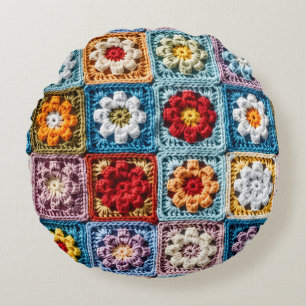 Trendy Knit Granny Square Colourful Floral Pattern Round Pillow