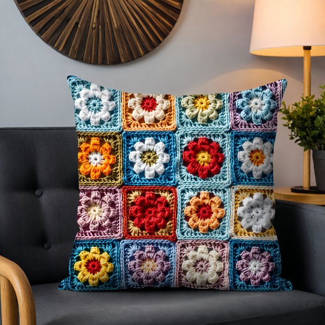 Trendy Knit Granny Square Colourful Floral Pattern Throw Pillow (Creator Uploaded)