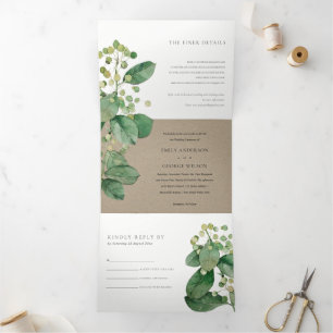TRENDY KRAFT BERRY LEAFY FOLIAGE GREENERY WEDDING Tri-Fold INVITATION