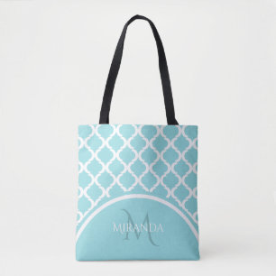 Trendy Large Aqua Quatrefoil Monongram and Name Tote Bag