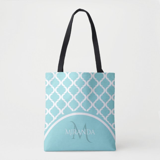 Trendy Large Aqua Quatrefoil Monongram and Name Tote Bag (Front)