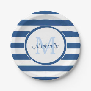 Trendy Large Classic Blue Stripes Monogrammed Name Paper Plate