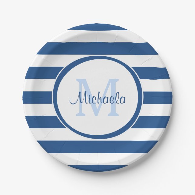 Trendy Large Classic Blue Stripes Monogrammed Name Paper Plate (Front)