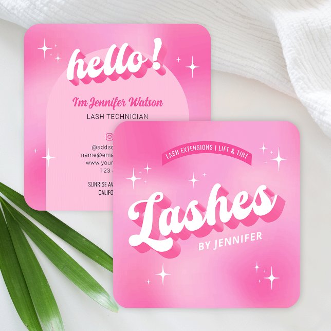 Trendy Lashes Groovy Girly Pink Lash Extensions Square Business Card (Retro pink lashes business cards with groovy fonts and trendy nostalgia style design)
