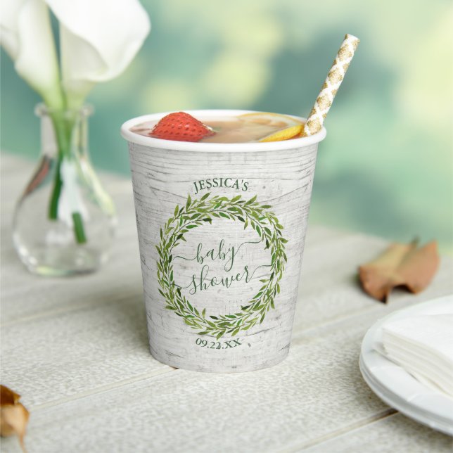 Trendy Laurel Wreath Greenery Baby Shower Paper Cups (Insitu)