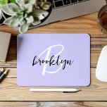 Trendy Lavender Black White Script Monogram  Mouse Pad<br><div class="desc">This elegant personalized mouse pad features a monogram and first name in modern black and white script on a trendy lavender background.</div>