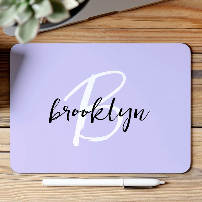 Trendy Lavender Black White Script Monogram  Mouse Pad (Creator Uploaded)