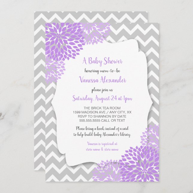 Trendy Lavender Grey Floral Baby Shower Invite (Front/Back)