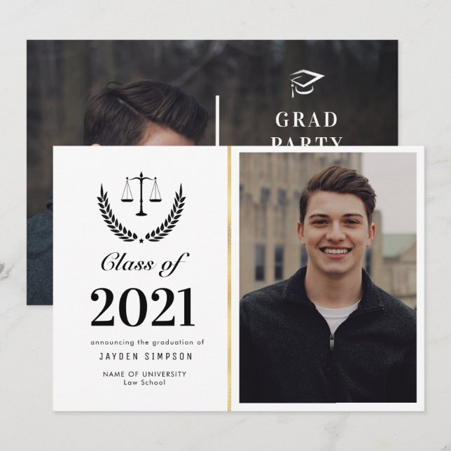 Trendy law school graduation photo announcement (Front/Back)