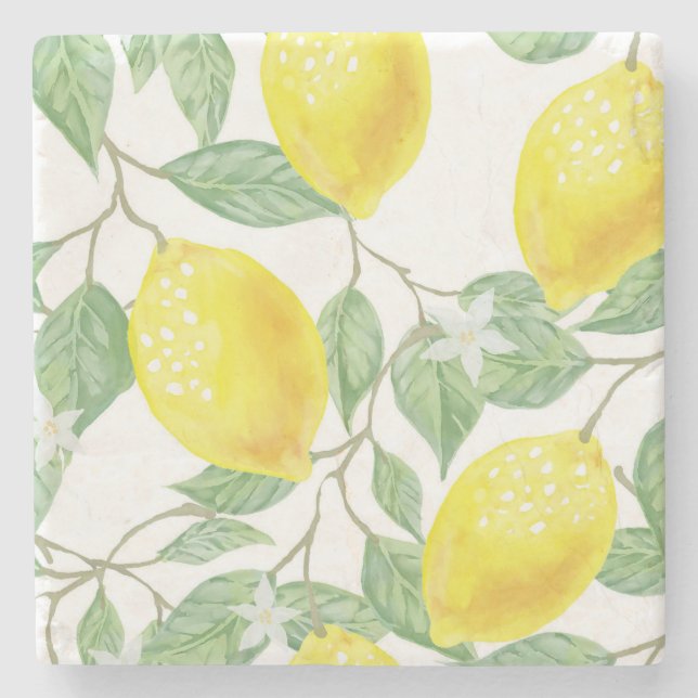  Trendy Lemon Watercolor Floral Stone Coaster (Front)