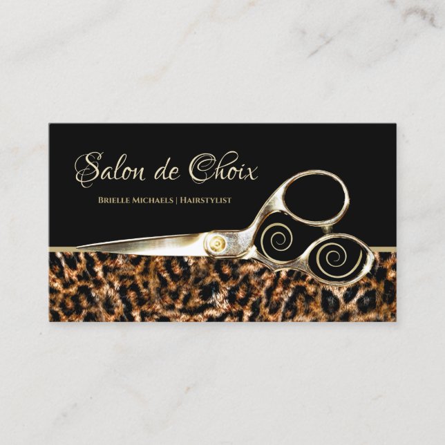 Trendy Leopard Fur Elegant Gold Scissors Salon Business Card (Front)