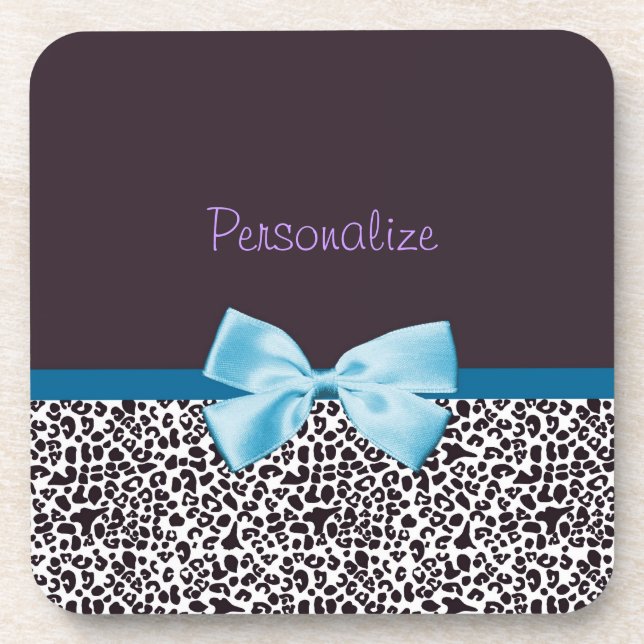 Trendy Leopard Print and Blue Ribbon With Name Coaster (Front)