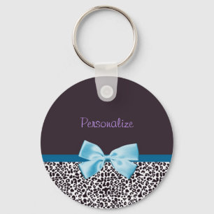 Trendy Leopard Print and Blue Ribbon With Name Keychain