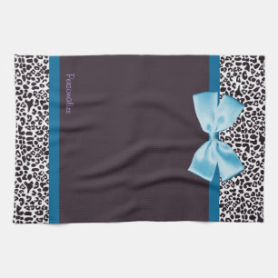 Trendy Leopard Print and Blue Ribbon With Name Kitchen Towel