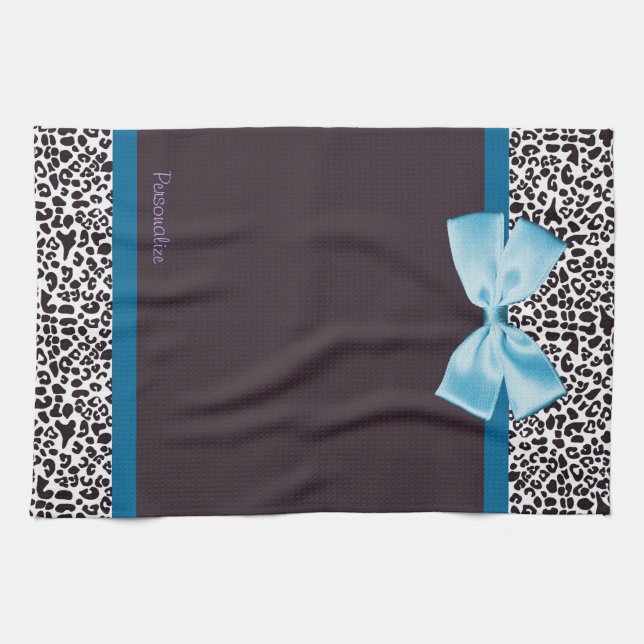 Trendy Leopard Print and Blue Ribbon With Name Kitchen Towel (Horizontal)