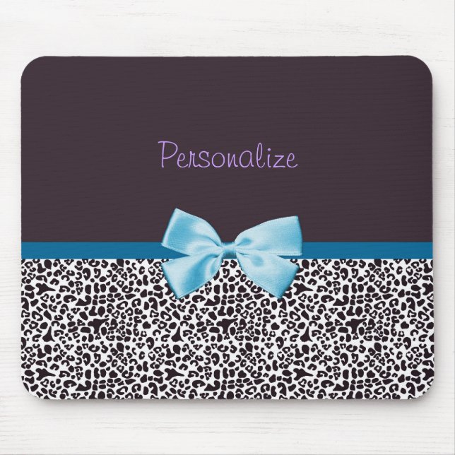 Trendy Leopard Print and Blue Ribbon With Name Mouse Pad (Front)