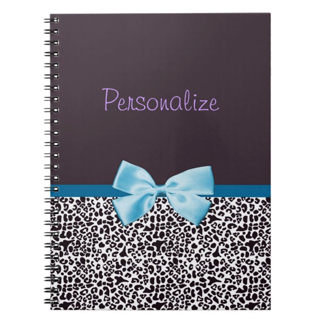 Trendy Leopard Print and Blue Ribbon With Name Notebook (Front)