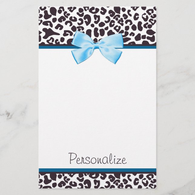 Trendy Leopard Print and Blue Ribbon With Name Stationery (Front)