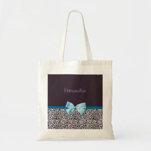 Trendy Leopard Print and Blue Ribbon With Name Tote Bag