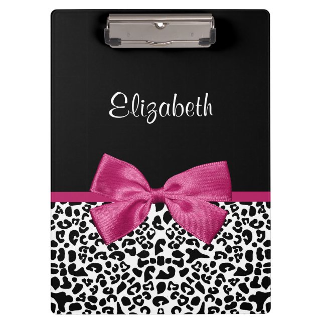 Trendy Leopard Print and Pink Bow Glam Design Clipboard (Front)