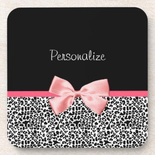 Trendy Leopard Print and Pink Ribbon With Name Coaster