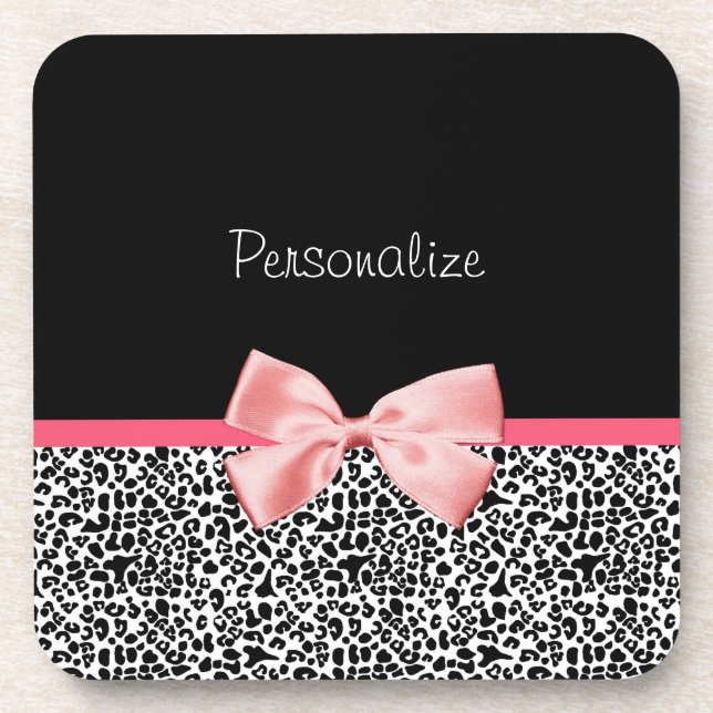 Trendy Leopard Print and Pink Ribbon With Name Coaster (Front)