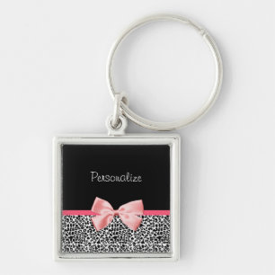 Trendy Leopard Print and Pink Ribbon With Name Keychain