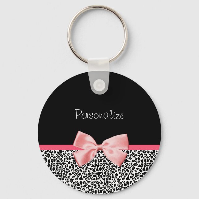 Trendy Leopard Print and Pink Ribbon With Name Keychain (Front)