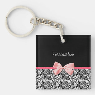 Trendy Leopard Print and Pink Ribbon With Name Keychain